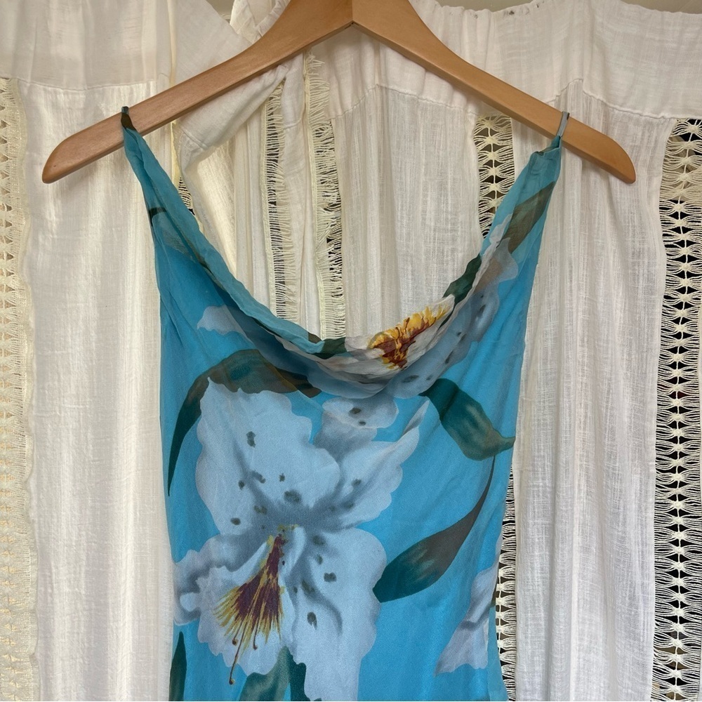 Vintage y2k Laundry by Shelli Segal Silk Blue Floral Asymmetrical Midi Dress 2 - Picture 4 of 11